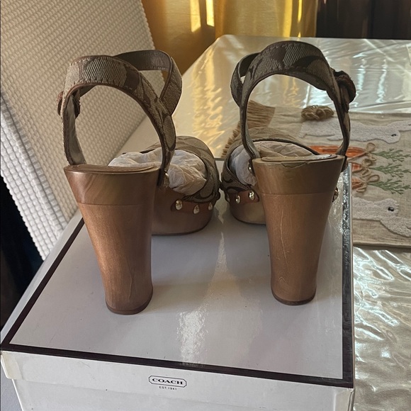 Coach Brown Signature Canvas Platform Clogs with Stud Trim - Picture 3 of 4